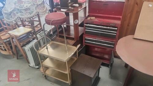 SELECTION OF TABLES, TROLLEYS AND STOOLS