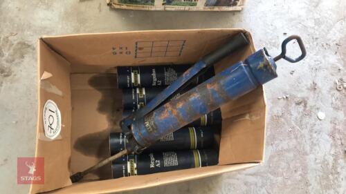 BOX OF GREASE GUN & CARTRIDGES