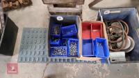 NUTS, BOLTS, PLASTIC TRAYS + SHELVING