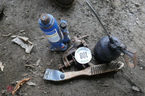 BOTTLE JACK, OIL CAN, CLAMP + WIRE BRUSH