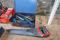 BOX OF TOOLS & 3 HAND SAWS