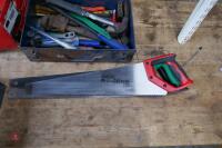 BOX OF TOOLS & 3 HAND SAWS - 8