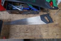 BOX OF TOOLS & 3 HAND SAWS - 10