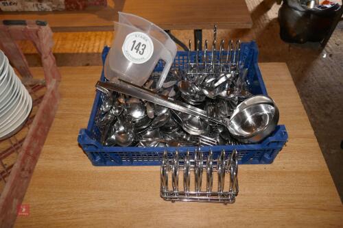 TRAY OF CUTLERY, JUGS AND TOAST RACKS