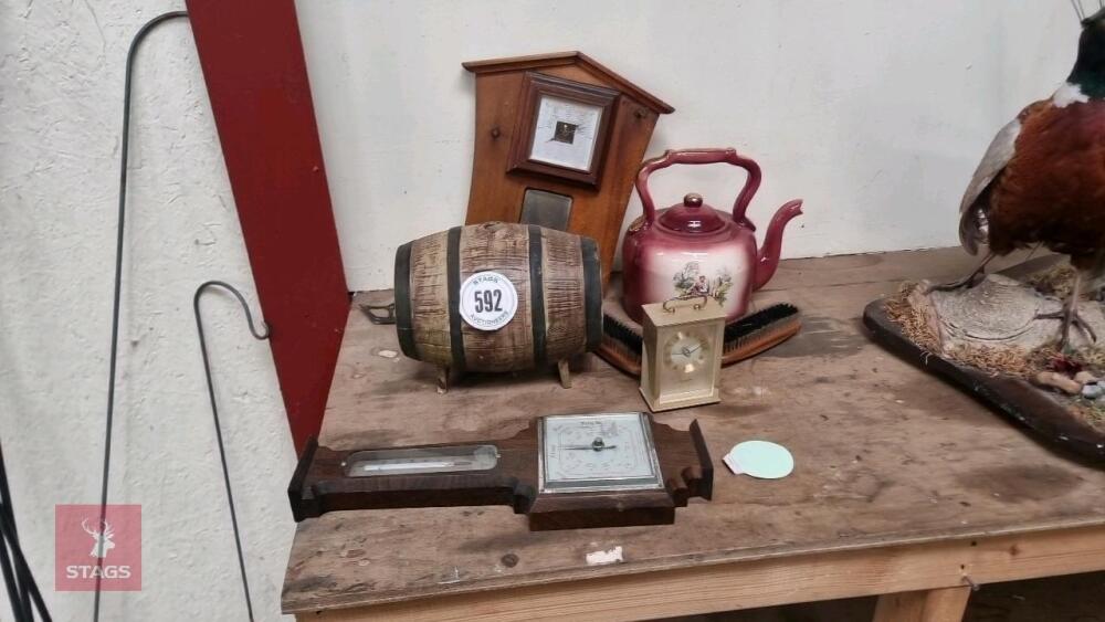 BARREL, KETTLE, CLOCKS ETC