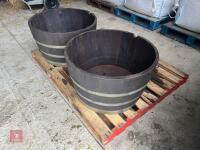 2 X SOLID OAK HALF BARREL PLANTERS - 4