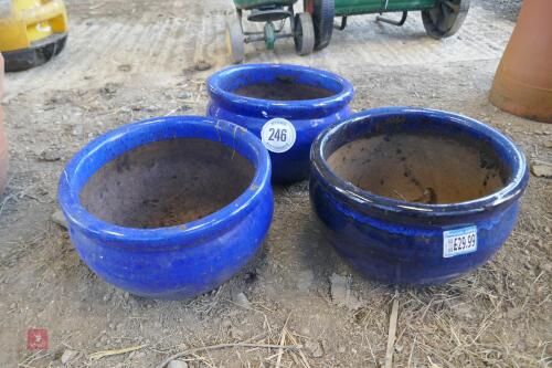 3 X BLUE PLANT POTS ( CLAY )