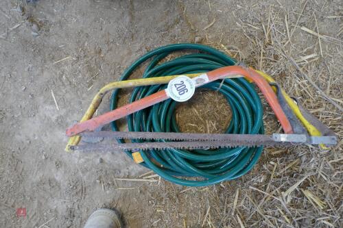 2 BOW SAWS AND QTY OF GARGEN HOSE