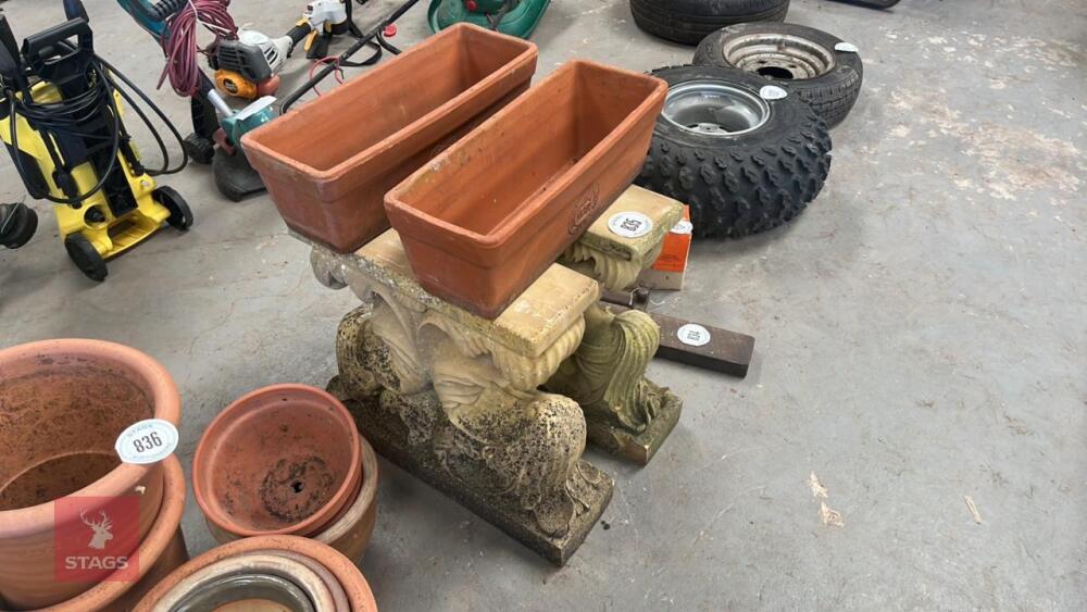 2 ORNATE PLANT POT STAND AND POTS