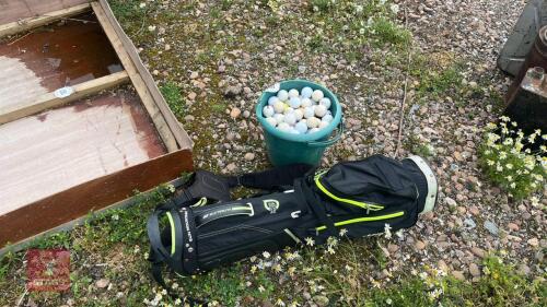 BUCKET OF GOLF BALLS + GOLF BAG