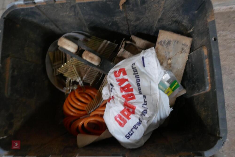 BOX OF AIR HOSES, GAS NAILS AND ROLLERS