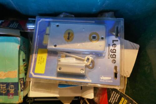 BOX OF HD DOOR LATCHES & SOME FURNITURE