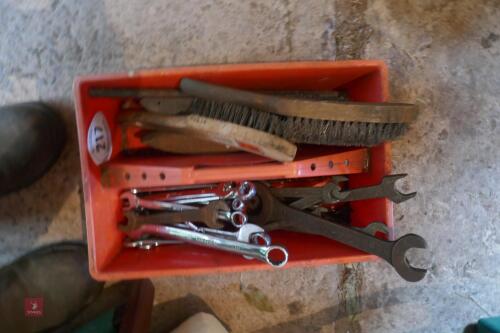 BOX OF SPANNERS + WIRE BRUSHES