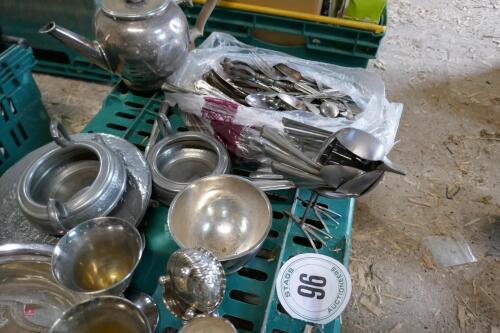 VARIETY OF TEAPOTS, CUTLERY + PLATES