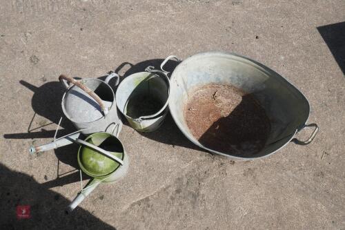 GALV BUCKET, BATH & 3 WATERING CANS