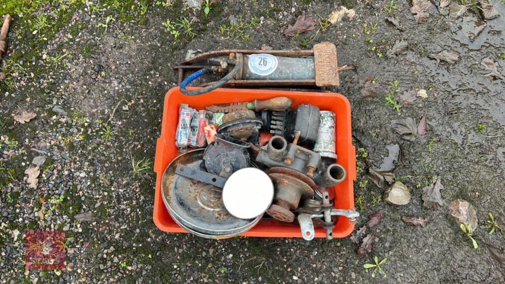 FOOT PUMP & BOX OF CAR SPARES