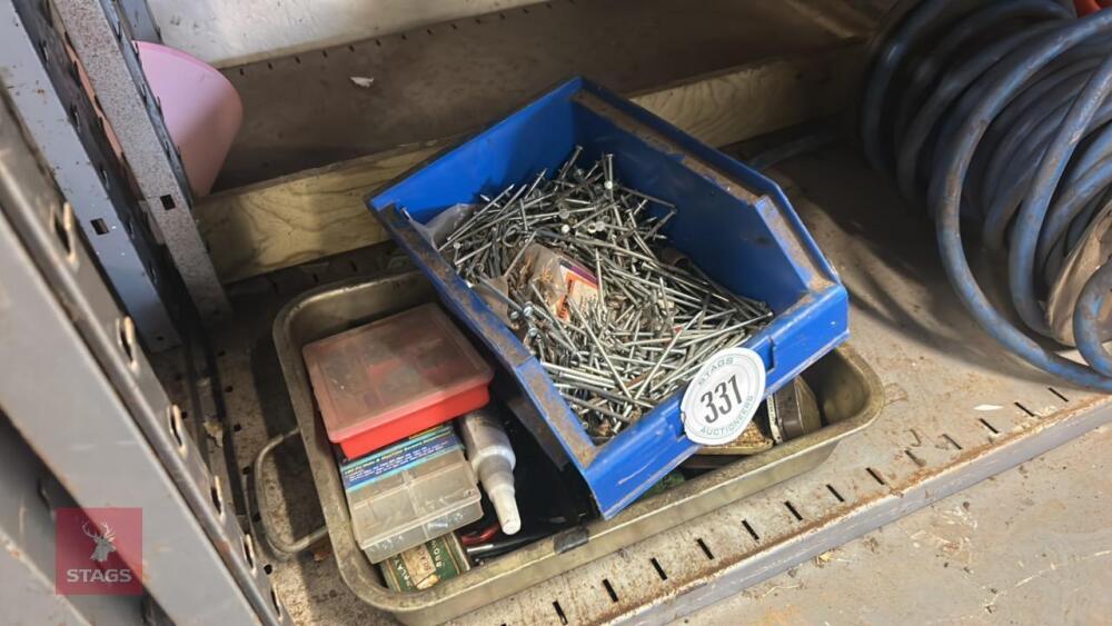 BOX OF NAILS, SCREWS AND TOOLS