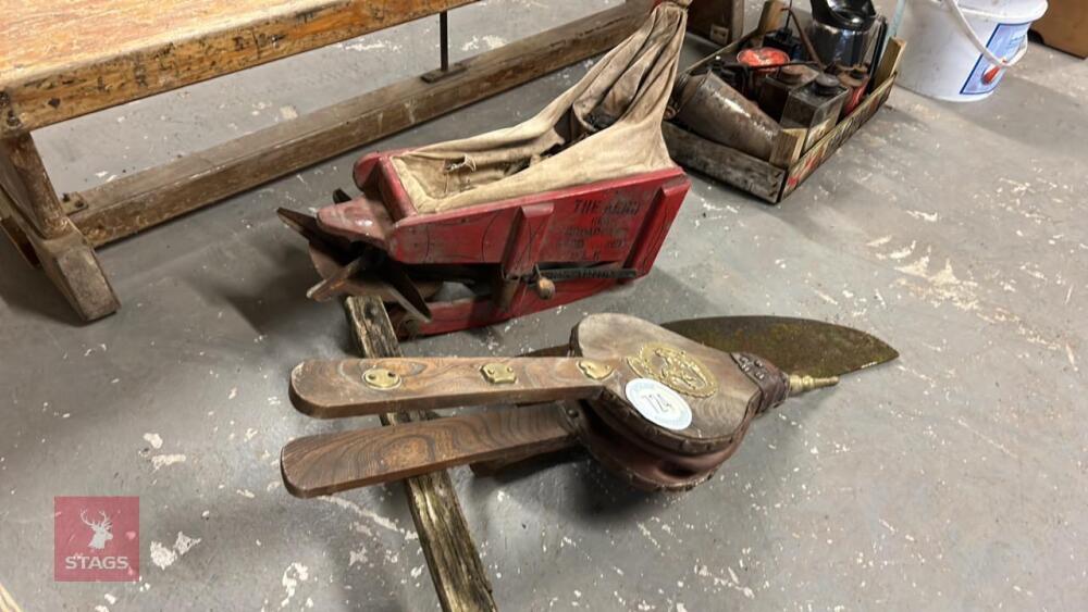 SET OF BELLOWS, HAY KNIFE & SEED FIDDLE