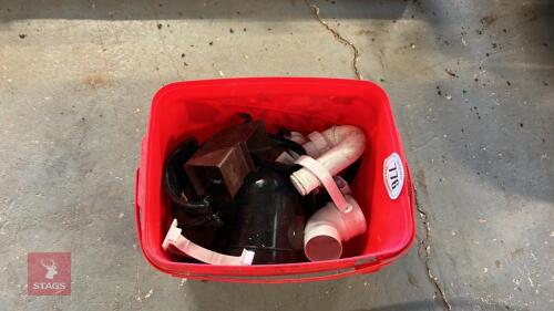 BUCKET OF PLASTIC GUTTER FITTINGS