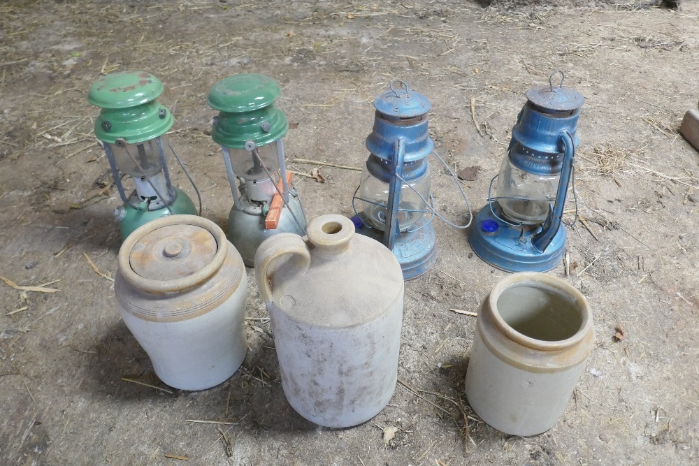 4 TILLY LAMPS & 3 STONE JARS