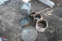 4 BRASS POTS, BRASS CAN & BRASS LID