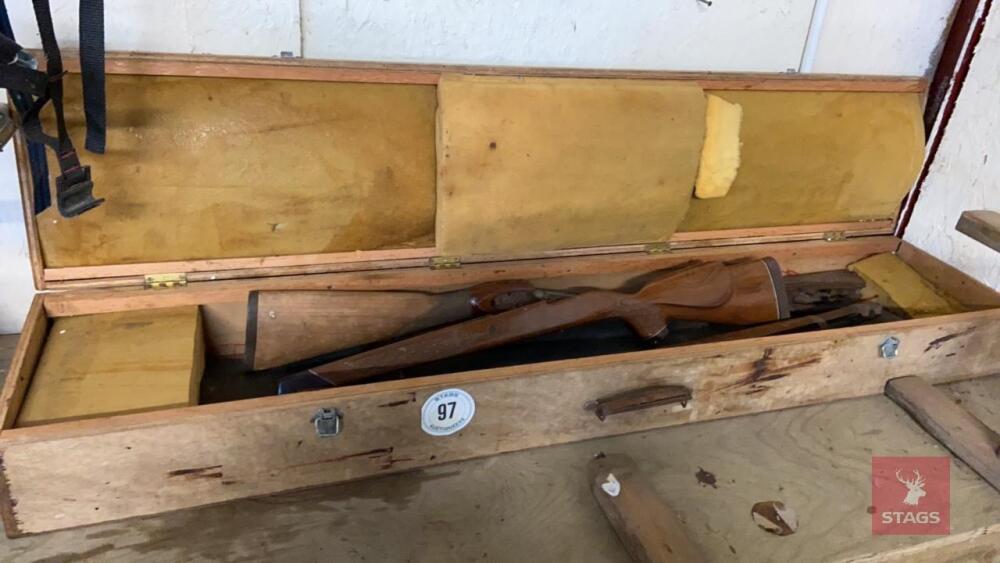 WOODEN GUN BOX C/W 4 WOODEN STOCKS