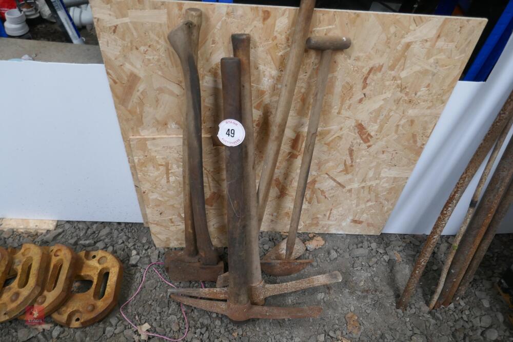 2 PICK AXES, AXE, DIGGER & SLEDGE (49)