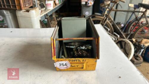 BOX OF BOLTS, FIXINGS ETC