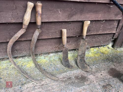 4 HOOKS/ SICKLES & WHEELBARROW