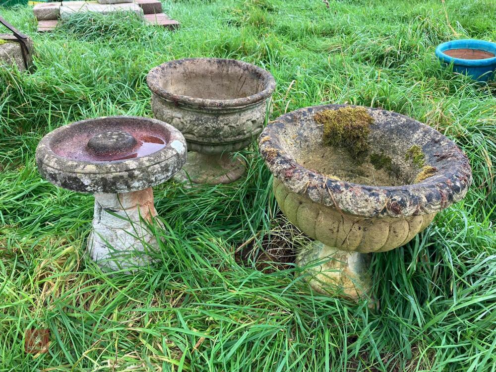 BIRD BATH & 2 ORNATE PLANTERS