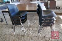 8 PLASTIC CHAIRS AND 3 6'X2' TABLES