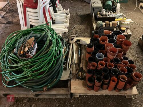 QTY OF HOSEPIPE, FITTINGS, POTS & TOOLS