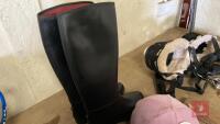 2 HATS & PAIR OF SIZE 8 RIDING BOOTS - 2