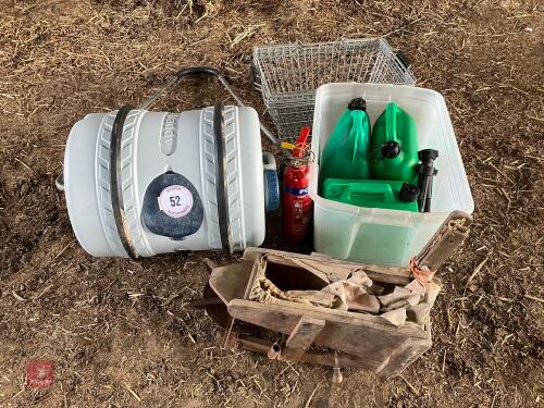 FUEL CANS, WATER BARRELL, SEED FIDDLE (5