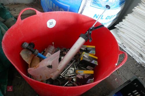 TRUG OF STAPLES, SCREWS & GREASE GUN