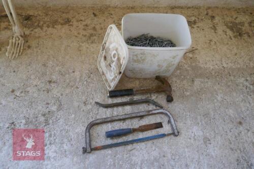 TUB OF STAPLES & HAND TOOLS