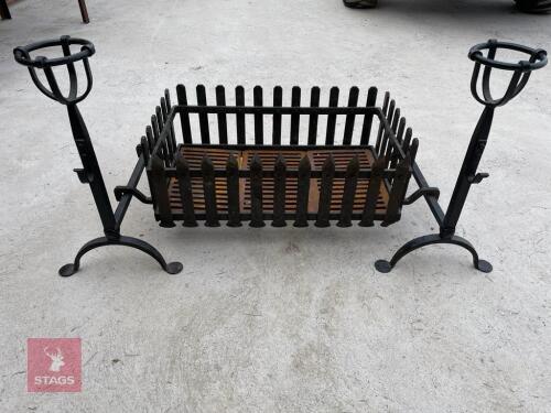 ANTIQUE FIRE BASKET WITH DOGS & GRATE