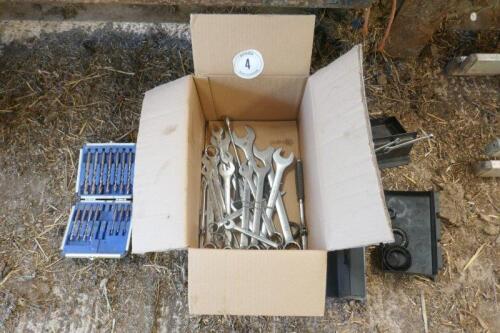 BOX OF SPANNERS AND DRILL BITS ETC